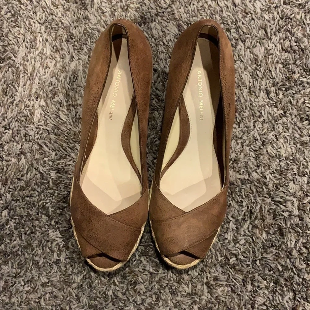 ANTONIO MELANI Brown Espadrille Wedge Peep-Toe Heels
